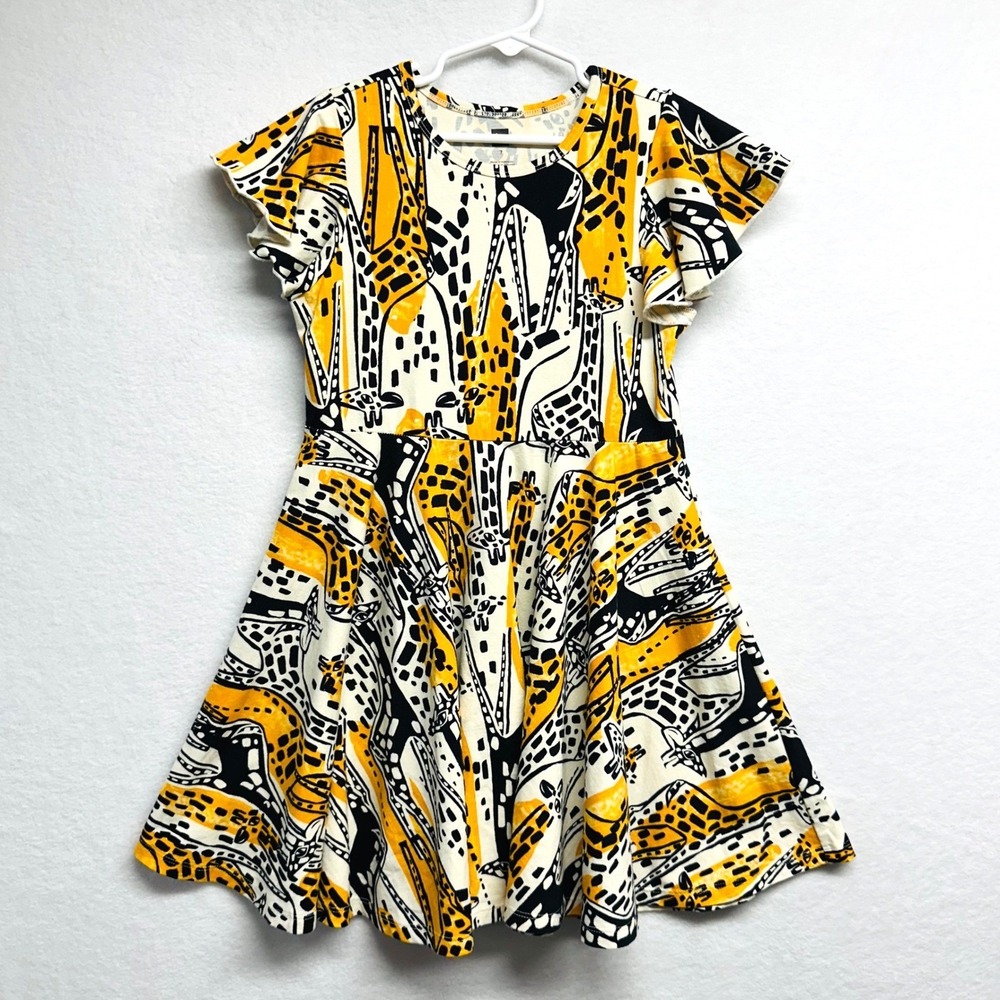 Tea Collection Giraffe Print Girls Size 7 Yellow Flutter Sleeve Twirl Knit Dress